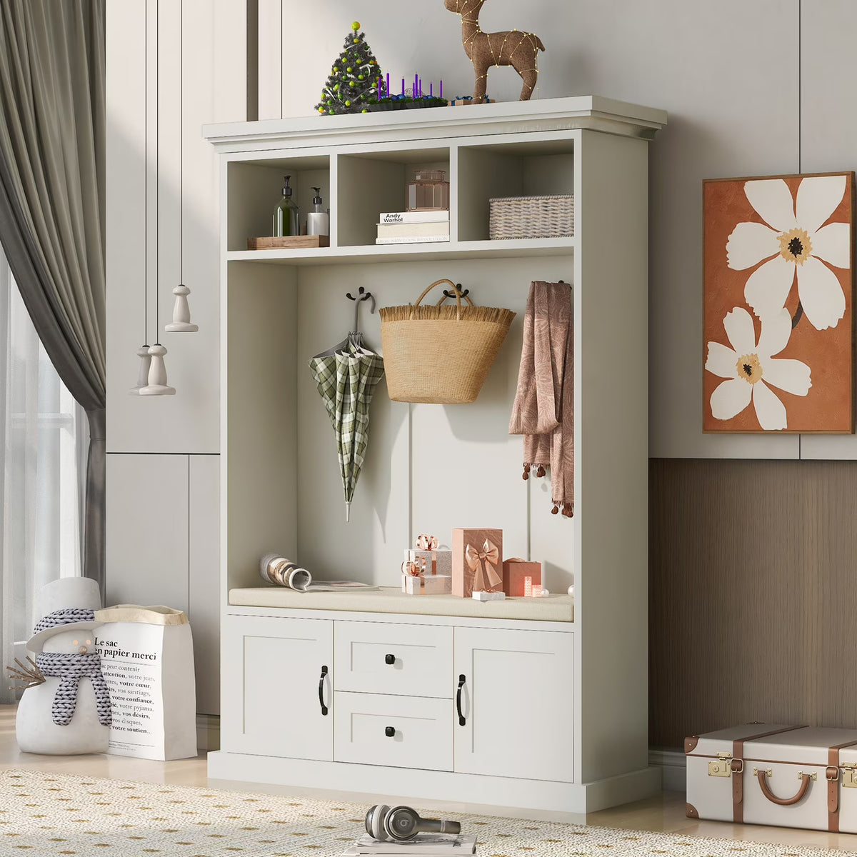Hall Tree with Upholstered Bench and Coat Rack, Entryway Bench with 3 Hooks, 3 Open Shelves, 2 Drawers & Storage Cabinets, Mudroom Bench with Storage